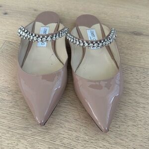 Jimmy Choo Nude Patent Mules with Crystal Embellishment